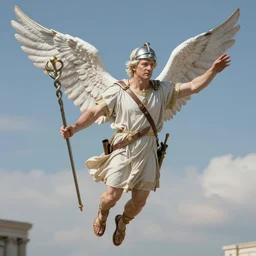 Julian Assange  as Mercury the messanger of the Roman gods, wearing a helmet and sandals with attached wings  and flying in the sky above the Olympus while carrying the Caduceus, hyperrealistic, highly detailed, depth of field, High definition, 8k,  octane render, trending at artstation