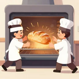 bakers fighting bread that's trying to escape from the oven