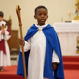 black boy dressed as shepherd for a church nativity play, blue cloak, shepherd's crook, candid photo, indoors, mm, iso, trending