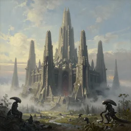 ”a beautiful painting of a huge alien stronghold, morning light, by Zdzisław Beksiński, h.r. giger, landscape, mist, unreal engine 5, trending on artstation, 4k, matte painting”