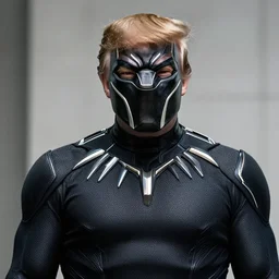 trump wearing the black panther superhero costume without the mask, realistic, sharp, detailed