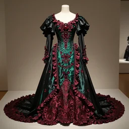 the film still photographed image is of 1 9 0 0 s haute couture black, green, garnet, maroon opera ensemble gown on display in the museum the intricate design and luxurious fabric are a testament to the skilled craftsmanship of the designer. the gown is inspired by pluto, the dwarf planet, and features a dramatic train and billowing sleeves. vibrant cinematography, anamorphic lenses, upscale, hyper realistic