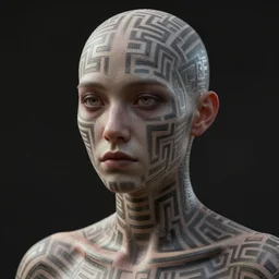 : androgynous person with maze pattern skin all over hyper detailed art station  dalle2   contest winners unrealengine trending on artstation,cinematic, hyper realism, high detail, octane render, 8k