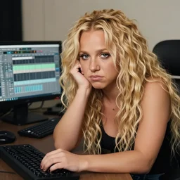 young britney spears look alike with extremely long blonde voluminous curly hair sitting at a computer, ableton live, music production, english background, anxious, self sabotage