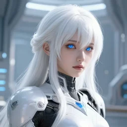 perfect white haired girl, warframe armor, beautiful, pretty face, blue eyes, portrait, bright light, scifi, utopian architecture in the background, laboratory, ultra realistic, intricate, glow, pure, innocent, extreme details, focused, masterpiece, art by seunghee lee, blair armitage