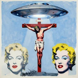 bloody christ crucified and some bright ufo in the sky painted by cy twombly and andy warhol