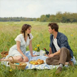 attractive bradley james and attractive colin morgan go to a meadow to have a picnic. highly detailed painting by gaston bussiere, craig mullins, j. c. leyendecker 8 k