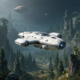 a spaceship that has just landed at a spaceport on a strange alien planet, alien forest in background, from a space themed point and click 2D graphic adventure game, made in 2019, high quality graphics