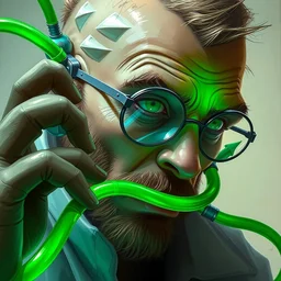 mad scientist, green tubes in his head, he's bored, highly detailed, digital painting, artstation, concept art, smooth, sharp focus, illustration, art by artgerm and greg rutkowski and alphonse mucha