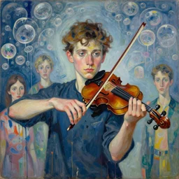 portrait of a young violinist focusing and violin hanging in air painted by vincent lefevre and hernan bas and tracey emin and james jean and pat steir and hilma af klint, psychological, symmetrical face, dripping paint, washy brush, background with hundreds of bubbles by andreas gursky, rendered in octane, altermodern, masterpiece