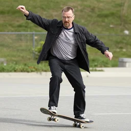 realistic photo of walter white skateboarding