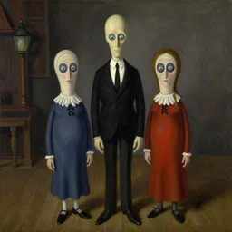 the addams family as american gothic by grant wood, oil on panel