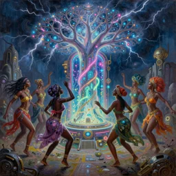 african women dancing around a glowing, energized, steampunk neon portal near the electric tree of life in a lightning storm, by ilya kuvshinov, greg rutkowski, loish, rhads, artgerm and justin bua!!!. oil on canvas, detailed and intricate environment, radiant lighting. highly detailed. masterpiece