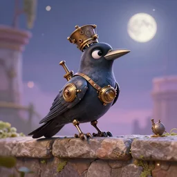a stunning fantasy scene of an adorable mechanical steampunk crow sitting on an old stone wall | highly detailed | very intricate | disney | magic the gathering | steampunk | dramatic romantic epic breathtaking whimsical magical | bokeh moon stars | professional cinematic lighting | award - winning | painted by marc simonetti and anton fadeev and paul lehr and rhads and alena aenami | pastel color palette | featured on artstation