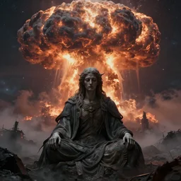 a beautiful award-winning photo of god, being the last mind in a dead universe, serene post-nuclear background, a huge nuclear cloud, fire, cosmic horror, depression, intricate details, volumetric lighting, haze, very high quality, extremely detailed, subtle visual noise, hyperrealistic, 8K