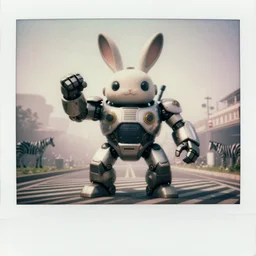 epic fighting pose !!!giant oversized battle rabbit robot chubby mech with big ears , on street zebra , full body , Cinematic focus, Polaroid photo, vintage , neutral dull colors, soft lights, foggy  ,  by oleg oprisco , by victor enrich , by gregory crewdson