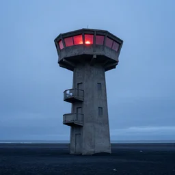 an old robust concrete brutalist observation tower from ww 2 with red light coming from inside. the tower stands in a icelandic beach, black sand beach, blue hour, cloudy day, by filip hodas, by jakub rozalski, by simon stalenhag, national romanticism by hans dahl, by jesper ejsing, by anders zorn, by greg rutkowski,