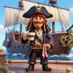the pirate blackbeard very expressive holding a cup of coffee, full body with a pirate ship on background. pixar disney 4 k 3 d render funny animation movie oscar winning trending on artstation and behance. ratatouille style.