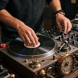 a turntablist dj scratching on a retro steampunk clockwork mixing board and record player