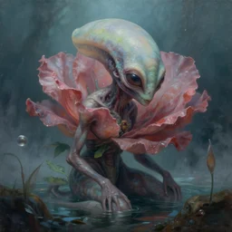 a detailed painting of a alien water rose creature by peter mohrbacher, ernst haeckel, mist, cinematic lighting, post apocalyptic, trending on artstation.