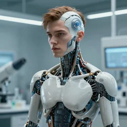 android in a lab. young male. handsome. partially human. partially biomedical design. highly detailed. lifelike. cinematic lighting. intricate. elegant. artstation. art by greg rutkowski and furio tedeschi and charlie bowater