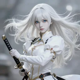 renaissance art elf girl with white skin, katana in hand, hair blowing the wind, trending artistic art, soft anime, dynamic photography, fate zero, realistic face, extremely high detailed, bokeh background, genshin impact, studio ghibly makoto shinkai yuji yamaguchi, wlop