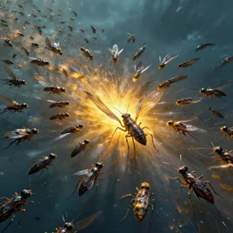 a swarm of humans form an unreal locust formation. they fly in unison as one creature inspired by trypophobia. they glow with gods grace