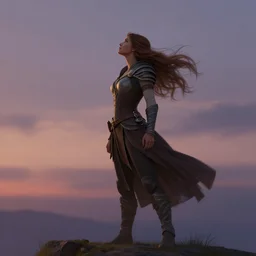 fantasy heroine looking heroically at the sky at dusk, profile, in the style of Milica Čeliković and James Daly, artstation, digital art, full body, detailed face