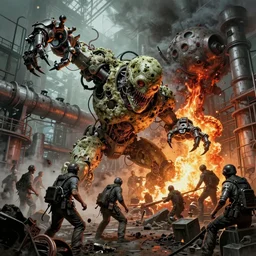 airbrushed awful moldiness torching overruning exploding automation factory by jack kirby, kelly freas, geof darrow, alex ross, basil gogos, philippe druillet, fine art masterpiece baked at 3 0 0 f, matte painting, cold lighting, aged with sunlight, award winning horror wraparound novel cover, photorealistic render, cinematic