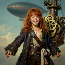 realist portrait painting of a 3 5 years old rugged joyful male pirate long long hair soft hair crimson hair simplistic clothes long coat upper body elegant muscular rugged handsome flying wood brass gears ornate mechanical, zeppelin in upper background sky, fantasy rugged character art cinematic lighting art by mucha rutkowski artgerm
