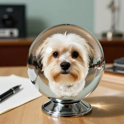 self portrait of a havanese dog reflecting into a chrome sphere, 1 9 5 0 s desk and office in the background, pen on paper, by mc escher