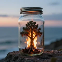 glass jar with a burning tree inside, standing on a cliff, bokeh, ocean in the background, metal lid, dramatic lighting, hyperrealistic, volumentric lighting, highly detailed