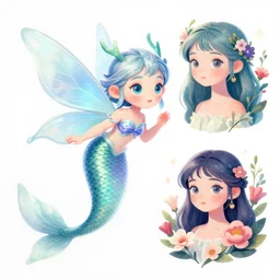 magical illustration of ethereal fantasy creature, beautiful fairie, mermaid, female portrait with flowers, whimsical big - eyed character accompanied by animals and birds, greyscale, line art