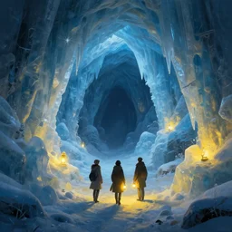 three people exploring an open mysterious underground wintry crystalline glowing ice cave with warm lanterns, blue and ( ( ( ( yellow ) ) ) ) tones, fantasy, concept art, amazing landscape painting, romanticism, digital art, trending on artstation