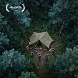 group of female soldiers, searching through iridescent woods, makeshift camp, aerial photography, eerie, beautiful, stunning, intricate detail, cinematic, award winning photography