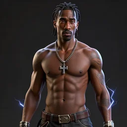 tupac shakur render as a very beautiful 3d anime man, hot petite, badass cinematic lightning, medium shot, mid-shot, highly detailed, highly detailed, Unreal Engine 8k, 3d render, octane render, shirtless six pack abs