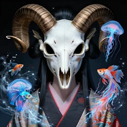 3 d goddess close - up frontal portrait with ram skull. beautiful intricately detailed japanese crow kitsune mask and clasical japanese kimono. betta fish, jellyfish phoenix, bio luminescent, plasma, ice, water, wind, creature, artwork by tooth wu and wlop and beeple and greg rutkowski