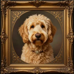 photograph of a golden doodle in a picture frame, deep focus, intricate, elegant, regal, highly detailed, digital painting, artstation, concept art, matte, sharp focus, illustration, d & d, fantasy, hearthstone, art by artgerm and greg rutkowski and alphonse mucha