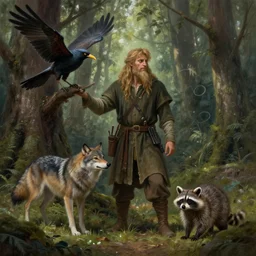 a woodland druid in a forest with a wolf bird and racoon, photorealistic, in the style of greg rutkowski, digital painting