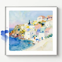 art print, abstract gouache watercolour, painting, bright pastel colours, seaside greek town on a hill, by gary hume, stanisław szukalski, society 6
