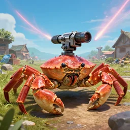 shoulder shot of a huge gigantic crab with a star - wars blaster - turret firing on its back crawling towards a village, [ laser ] [ turret ] [ attached ] to top of crab, xf iq 4 f 5. 6 iso 2 0 0