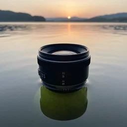 5 0 0 0 mm lens photo of a lime floating in a distant lake, sunset