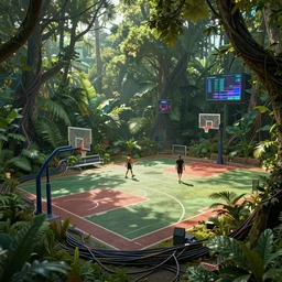 an intricate concept art illustration of an undergrowth street basketball park, computer wires, digital art, photorealistic movie still, style ivan talavera and artgerm, radiant lighting, hyper realistic, photorealistic, octane render, trending on artstation, cgsociety, cinematic light, 8 k