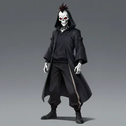 a full body shot of Grim Reaper by Studio Trigger, skeleton face, his eyes are red and glowing, mohawk haircut , sport pants, highly detailed, artstation,manga,style of SSSS.Gridman (2018),style of Gurren Lagann (2007)