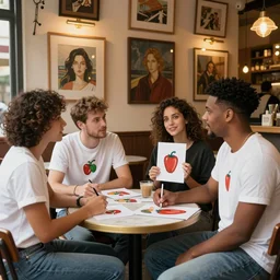photorealistic italian cafe full of talking godlike artists showing off their art, different ethnicities, wearing 🌶 on their shirts, rim lighting