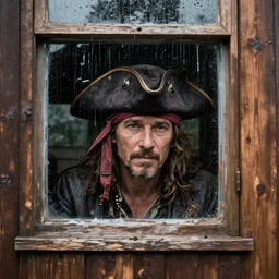 from outside, russell crowe wearing a giant pirate hat behind a rainy dirty window and wooden wall peering out to the camera
