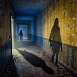 in this ominous scene, we see a long twisting corridor leading to a door with light spilling beneath it, a mysterious ghostly figure passes through old wallpaper, art by bernie wrightson, foreboding, creepy, dusty, abandoned, colorful, blue and gold color scheme, masterpiece, old vines on the floor, large clear silhouette casting a long dark shadow, yellowing wallpaper