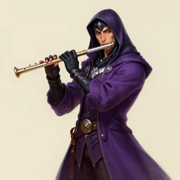 Epic Anthro Raven bard with a flute, wearing a purple  frock coat, d&d character commission, digital drawing, detailed trending on artstation, character portrait
