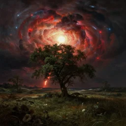nature by jacob van ruisdael, dramatic lighting apocalyptic cosmic meadow matte painting neon signs, archdaily, wallpaper, highly detailed, trending on artstation.