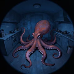 night vision dark palette, fisheye spiral lines, naive octopus, extra narrow, detailed illustration of a kitchen, large floor, octopus shaped by rhads from lorax movie, trending artstation, dark blue